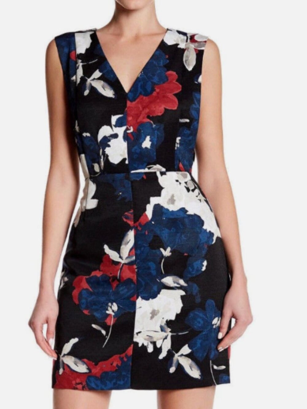 Cynthia Steffe Navy, Red & White Floral V‑Neck Mini Dress
